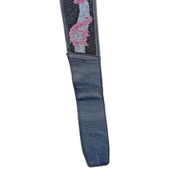 Vtg Beadz Women\'s Art Deco Black Faux Leather Belt with Pink Beaded Flamingos